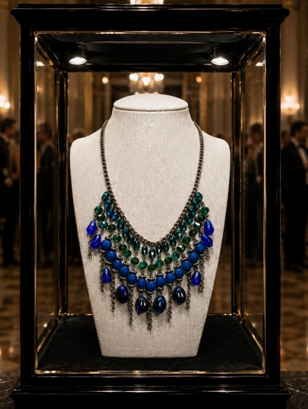 Art Glass Oil Slick Navy Teal Green Glass Beaded Silver Tone Dramatic Necklace